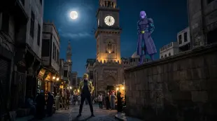 AI Video: The moon hangs high over the silent streets of Egypt. Hit stands atop a clock...