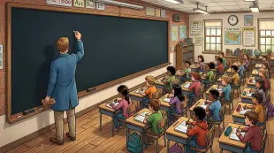 AI Video: A teacher, wearing a blue coat, is standing at the left end of a completely...