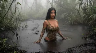 AI Video: a girl sinking in brown quick clay, she submerges and goes under into the...