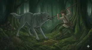AI Video: the wolf tugs on his spear no dialogue