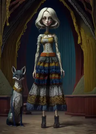 AI Video: The woman emerges from behind the curtains and moves slowly toward the...