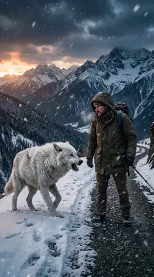 AI Video: A lone man standing on a snowy mountain road at dusk, a massive white wolf...