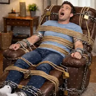 AI Video: Create a video of the man and he is trying to get out because he is stuck but...