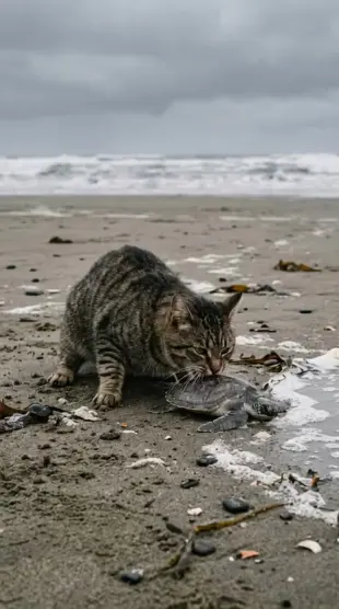 AI Video: The cat is eating a sea turtle.