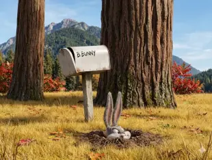 AI Video: Bugs bunny look out from bill and ask "is someone knocks" then suddenly a gun...