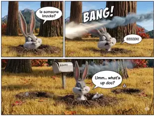 AI Video: Bugs bunny look out from bill and ask "is someone knocks" then suddenly a gun...