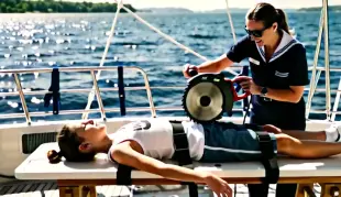 AI Video: white 9 yr school boy  is on the stern off a yacht his  he is laying down...