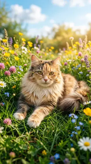 AI Video: A photorealistic long-haired cat with soft, detailed fur lounging on fresh...