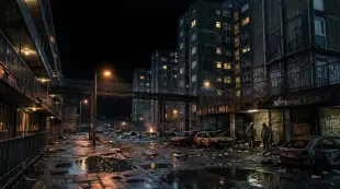 AI Video: it is late at night and the sky is dark, no moon, no stars. it is pouring...