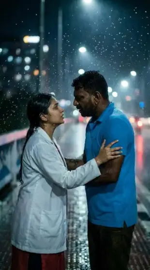 AI Video: A scientist runs and grabs a man before he jumps off a bridge, shouting...