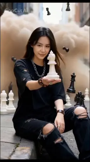 AI Video: woman throws a chess slave, then it breaks,the words 'good night' appear'