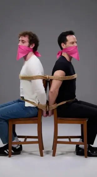 AI Video: Have them tormented by overweight man wearing a balaclava.