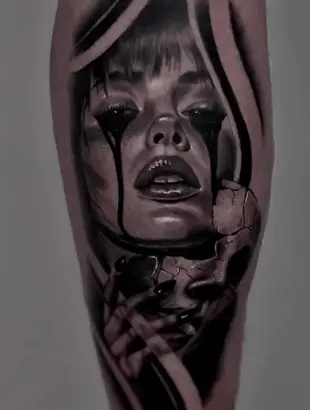 AI Video: Set within an atmospheric tattoo studio, a hyper-realistic close-up shot...