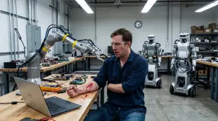 AI Video: A engineer is working on laptop and he is surrounded by 2-3 robots, but one...