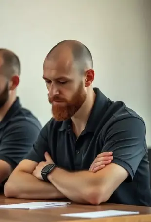 AI Video: Put his forehead down onto his forearms crossed and folded like that on the...