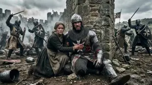 AI Video: A Knight of Malta lies wounded in his armor sitting by a stone wall, while a...