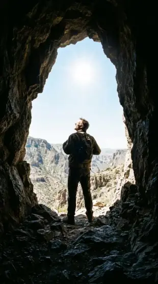 AI Video: A single man is standing just outside the entrance of a cave, facing outward...