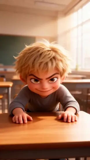 AI Video: Eyes narrow, lips curl into a slow, deliberate smirk. Character straightens...