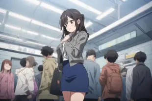 AI Video: The teen walks between the crowd.