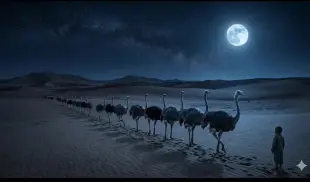 AI Video: "Ostrich group walking in a straight line under a bright full moon, desert...