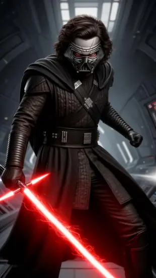 AI Video: He stands rigid, chest rising with a deep, controlled breath. He tilts his...