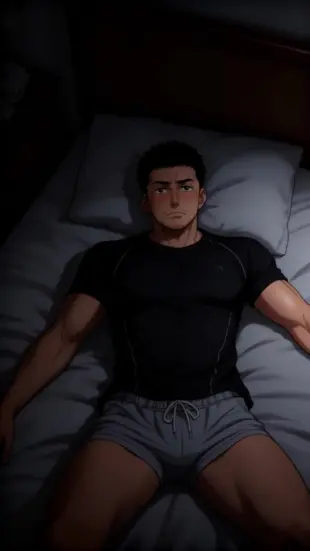 AI Video: He lies motionless, chest rising in a slow, rhythmic breath. Suddenly, his...