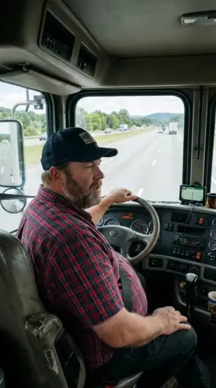 AI Video: Fat truck driver driving down  the highway talking about a new weight loss...