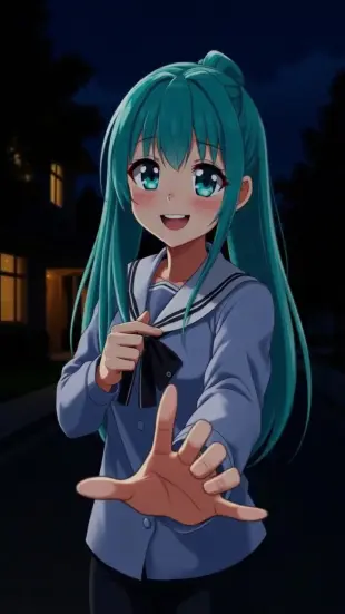 AI Video: She approaches with a radiant, slow-forming smile, head tilting slightly. Her...