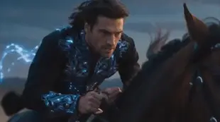 AI Video: Close up of a handsome Slavic man riding a majestic horse at high speed,...