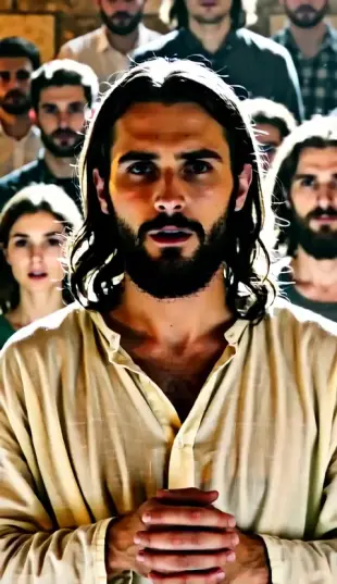 AI Video: A realistic cinematic scene of Jesus standing in front of a silent crowd,...