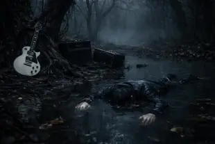 AI Video: Wind blowing dead leaves through frame, water rippling around floating body,...