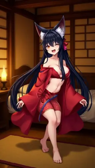 AI Video: She laughs melodically, head tilting back gracefully. Her kimono fabric slips...