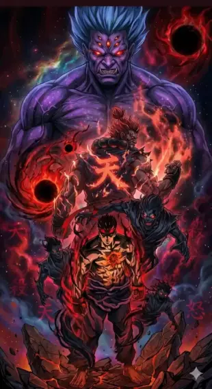 AI Video: Epic cosmic battlefield, ultra-detailed, hyper-realistic anime illustration,...