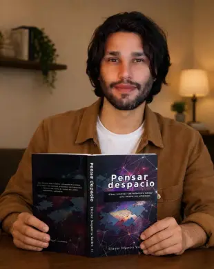 AI Video: Mantén la fisonomía del modelo. Un hombre con chaqueta marrón y camiseta...