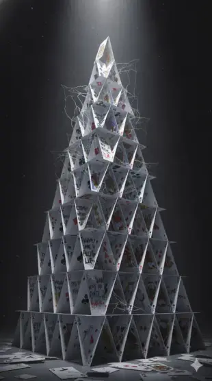 AI Video: fragile pyramid built from cards labeled with lies, growing higher and more...
