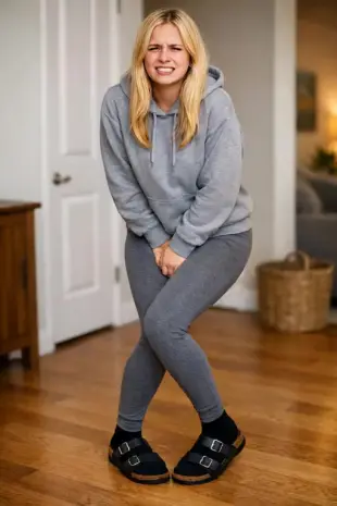 AI Video: make her potty dance, saying she has to pee, and then accident: urine flows...