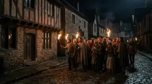 AI Video: De straten worden verlicht door fakels. De mensen kijken naar een huis dat...