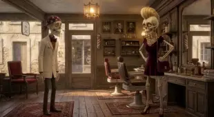 AI Video: The skeleton figure of the woman on the right, angry at the male hairdresser,...
