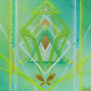 AI Video: The center crystal shimmers and glows an outward lights. The butterfly slowly...