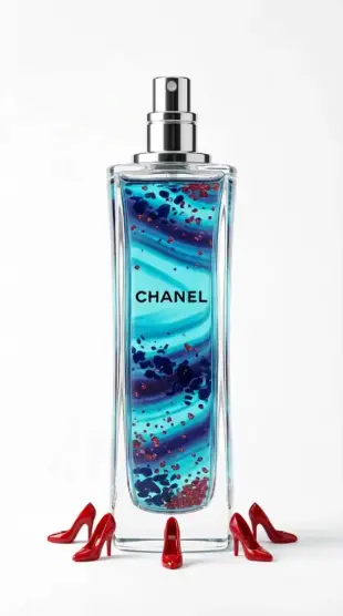 AI Video: The Chanel brand blue coco and synthetic XOERFILK synthetical red sugar...