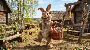 AI Video: Funny 5-second Easter video inspired by Latvian traditions: a cheeky,...
