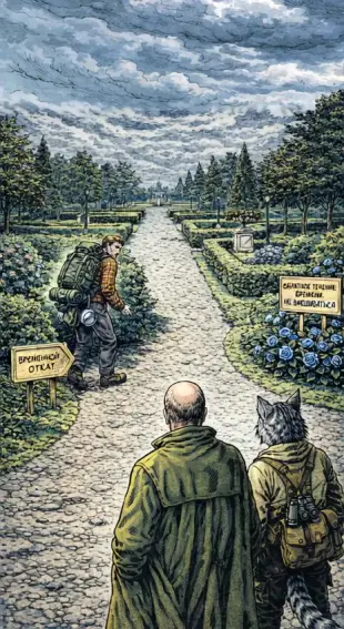 AI Video: The man with a backpack crosses the park path and goes into the bushes of roses.