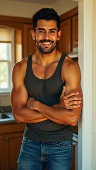 AI Video: Eyebrows arch in surprise, breaking into a warm, broad smile. He runs a hand...