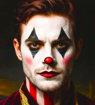 AI Video: the clown shows his pierced tongue