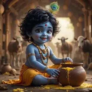 AI Video: Realistic baby Krishna (Bal Krishna), small child, blue skin, curly hair with...