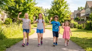 AI Video: two girls a boy and a little girl walk happily with little jumps towards the...