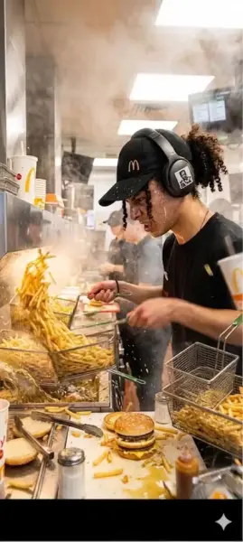 AI Video: the guy get's screamed at while he's frying the fries at max speed, and there...