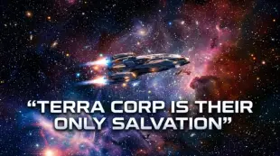 AI Video: A spaceship flying through the galaxy. The logo "TERRA CORP IS THEIR ON;Y...