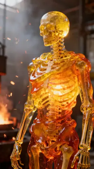 AI Video: Slow cinematic closing shot showing the Translucent, glowing yellow/golden...