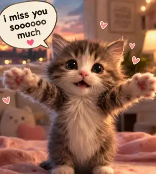 AI Video: super cute fluffy kitten standing on its hind legs, stretching its tiny paws...